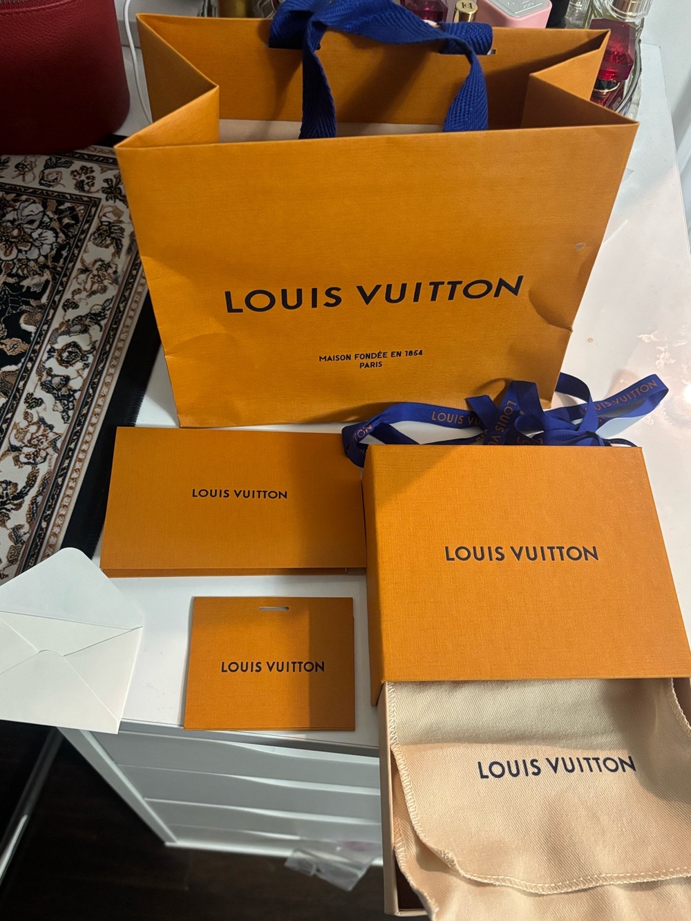 Louis Vuitton Orange Gift Bag, Box and Dust Bag Set with Blue Ribbon